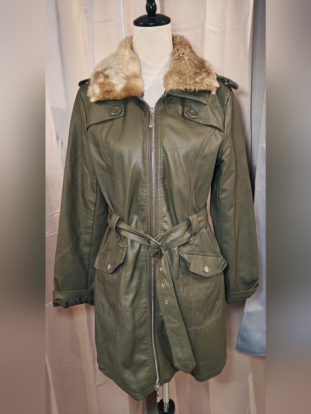 Olive Green Vegan Leather Trench Coat  w Fur Collar & Belt.